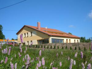 uma casa com um campo de flores roxas em frente em Apartmány Tisá 452 em Tisá