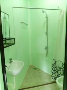 a white bathroom with a sink and a shower at Greenhut Pension & Bar in Jagna +31 photos
