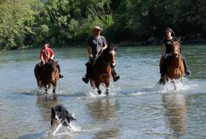 dwoje ludzi jeździ konno i pies w wodzie w obiekcie Agriturismo La Finca w mieście Cresciano