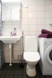 W łazience znajduje się toaleta, umywalka i pralka. w obiekcie Apartment Raisio City Center w mieście Raisio