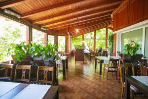 - un restaurant avec des tables, des chaises et des plantes dans la chambre dans l'établissement Pensiunea Europa, à Târgu-Mureş