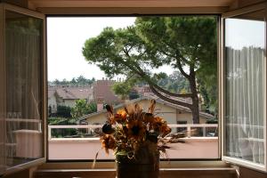 un jarrón de flores sentado frente a una ventana en Hotel Casarola - Trigoria en Castel di Decima