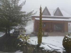 una casa con una parrilla en la nieve en Agros Timber Log House, en Agros