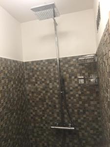 a shower in a bathroom with a tile wall at B&B Fiori di Lava in Nicolosi