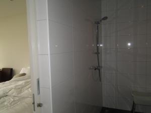 een badkamer met een douche, een toilet en een bed bij Boerderij de Spijken in Ammerzoden