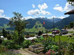 a garden with a view of a mountain at Apartment Rehweid - 2- Stock by Interhome in Gstaad