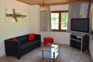 a living room with a couch and a tv at Camping de L'Our Appartements in Vianden