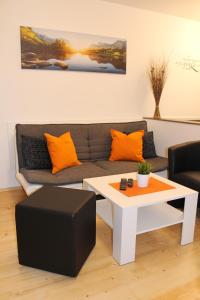 ein Wohnzimmer mit einem Sofa und einem Couchtisch in der Unterkunft Familienapartment Sunnseitn in Bad Mitterndorf