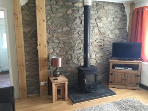 a wood stove in a living room with a stone wall at Yr Hafan in Trelech