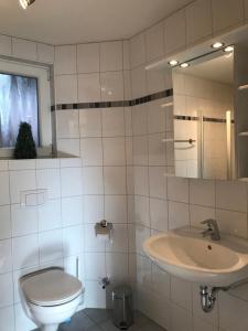 a bathroom with a toilet and a sink and a mirror at Ferienwohnung Hage in Hage