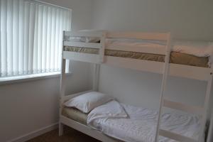 two bunk beds in a room with a window at CopperTree Cottage in Torquay
