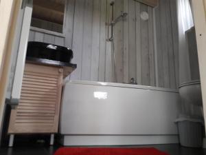 a bathroom with a shower and a bath tub at Domek nad jeziorem in Osieczna