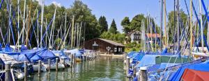 Ein paar Boote sind in einem Yachthafen angedockt. in der Unterkunft Ferienwohnungen Jell - Forg in Breitbrunn am Chiemsee