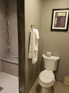 a bathroom with a toilet and a shower with towels at Best Western On The Avenue in Buffalo