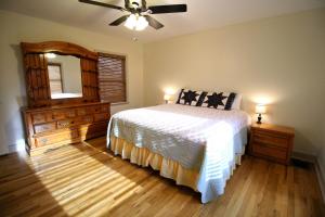 ein Schlafzimmer mit einem Bett, einer Kommode und einem Spiegel in der Unterkunft Peach Tree Inn & Suites in Fredericksburg