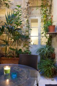 une table et des chaises en verre dans une pièce ornée de plantes dans l'établissement Your Apartment, à Il-Furjana