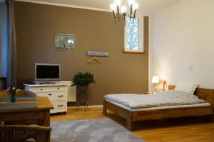 a bedroom with a bed and a tv on a dresser at Pension Elise in Wolkramshausen
