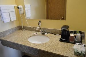 a bathroom counter with a sink in a hotel room at Western Motel in Junction City