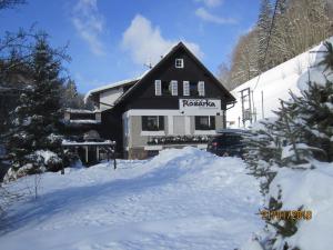 un edificio blanco y negro en la nieve en Chata Rozárka, en Dolni Dvur