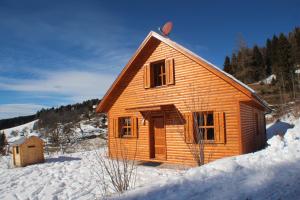 a small wooden cabin in the snow with snow at Sternen-Chalet in Grassendorf