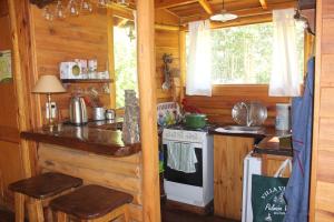 a kitchen in a log cabin with a stove at Cabaña Odila in Villa Ventana