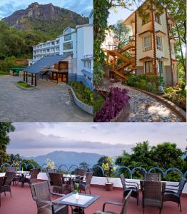 a collage of two pictures of a hotel with tables and chairs at Sterling Munnar in Munnar