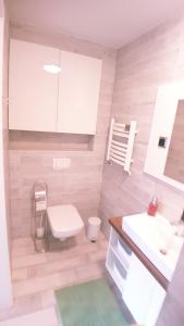 La salle de bains est pourvue de toilettes blanches et d'un lavabo. dans l'établissement Przystań Kapitanat, à Szczecinek