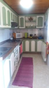 a kitchen with green and white cabinets and a purple rug at Casa Mary in Cans