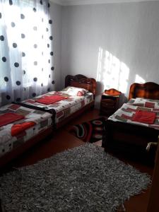a bedroom with two twin beds and a rug at Betegi Guest House in Mestia