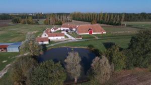 an aerial view of a large house with a lake at La maison des canards in Romorantin