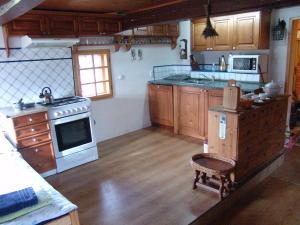 a kitchen with wooden cabinets and a stove top oven at Chalupa v Pokrkonoší in Rtyně v Podkrkonoší