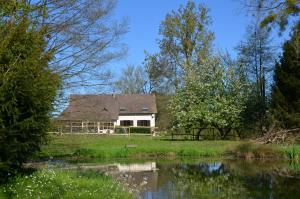 une maison au milieu d'un champ avec un étang dans l'établissement Demeure de charme en Normandie, à Canehan