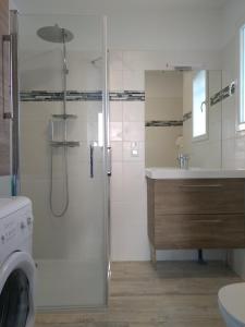 uma casa de banho com um chuveiro e um lavatório. em Plaisance du Touch em Plaisance-du-Touch