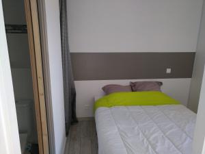Dormitorio pequeño con cama con manta verde en Plaisance du Touch en Plaisance-du-Touch