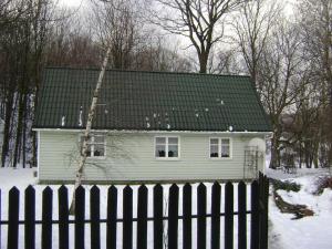 a white house with a green roof behind a fence at Zielony Domek Wisłoczek in Rymanów