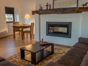 a living room with a couch and a fireplace at Fontes Bárbaras Enoturismo in Entradas