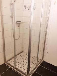 y baño con ducha y puerta de cristal. en Apartments Soldanella en Leukerbad