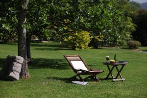 eine Bank und ein Tisch im Gras neben einem Baum in der Unterkunft Jardin de Carrejo in Cabezón de la Sal