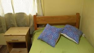ein Schlafzimmer mit einem Bett mit zwei Kissen darauf in der Unterkunft Casa en zona tranquila y rural in Higueronal