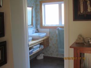 a bathroom with a sink and a window at Woolshed Bed & Breakfast in Takaka