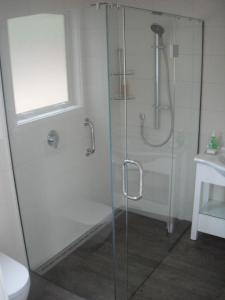 a bathroom with a shower with a glass door at Woolshed Bed & Breakfast in Takaka