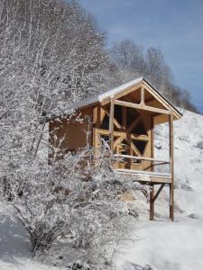 eine Holzhütte im Schnee mit einem Baum in der Unterkunft La cabane du pommier in Orelle