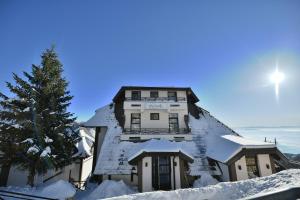 a building covered in snow with a christmas tree at Dvori Apartments 8C in Kopaonik