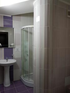 La salle de bains est pourvue d'une douche et d'un lavabo. dans l'établissement Indiana Hotel, à Iaşi