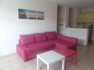 a pink couch and a table in a living room at 2 pieces a la teste de buch in La Teste-de-Buch