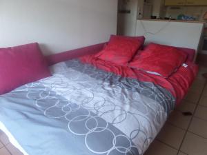 a bed with red pillows on it in a room at 2 pieces a la teste de buch in La Teste-de-Buch