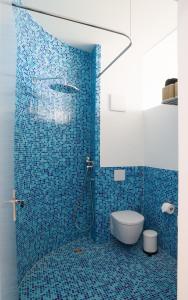 ein blau gefliestes Bad mit einem WC und einer Dusche in der Unterkunft An der Mauer 15 in Lübeck + 10 Fotos