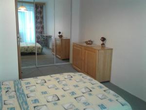 a bedroom with a bed and a mirror at Apartmá Ježková in Vrchlabí