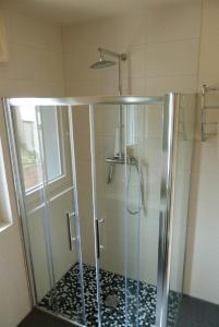 a shower with a glass enclosure in a bathroom at Ferienwohnung-Thale-Ritter in Thale