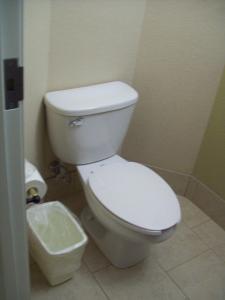 a bathroom with a white toilet and a trash can at Magnolia Inn and Suites Pooler in Savannah